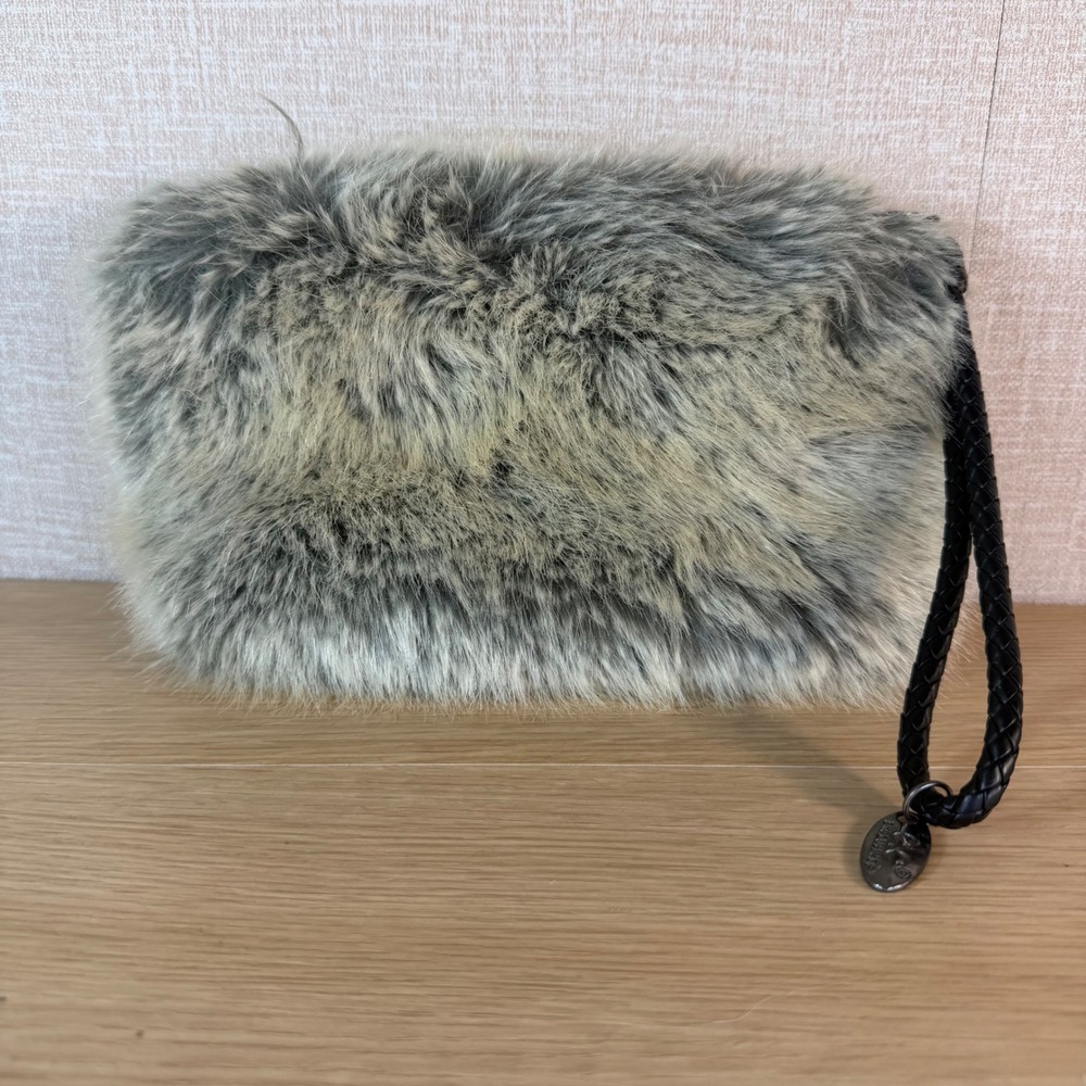 C.C Exclusives Gray Faux Fur Wristlet Clutch Bag with Braided Strap Statement